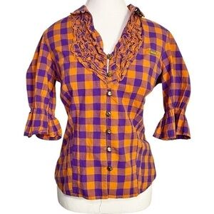 Apple Bottoms Y2K Ruffle Plaid Blouse - Orange & Purple Western Button-Down Top